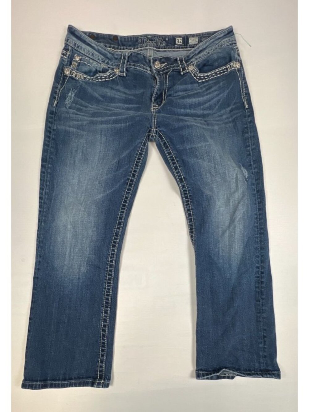 Miss Me Women 32 x 25 Easy Capri Blue Denim Jeans Embellished Thick Stitch